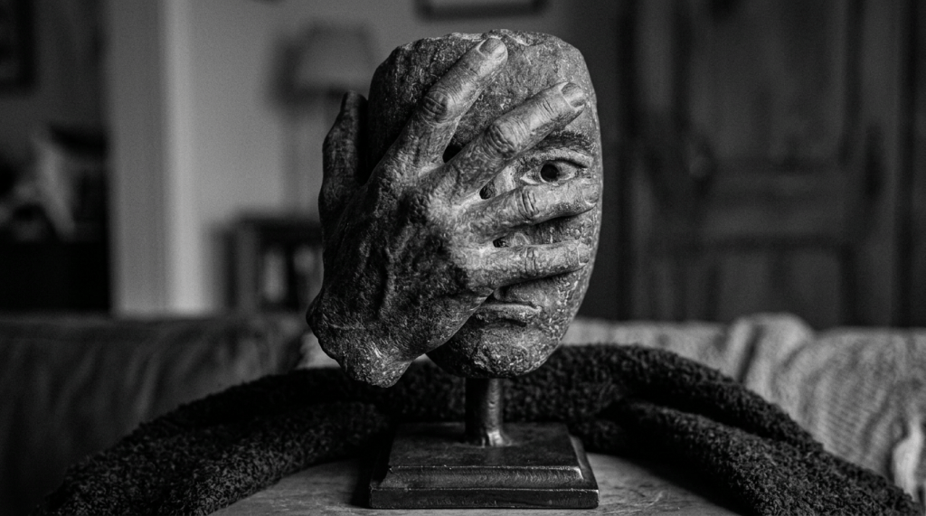 Person holding a textured theatrical mask against their face